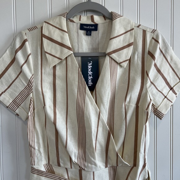ModCloth Dress Women Size 2 Bow wrapped dress neutral ivory striped linen - Picture 4 of 14